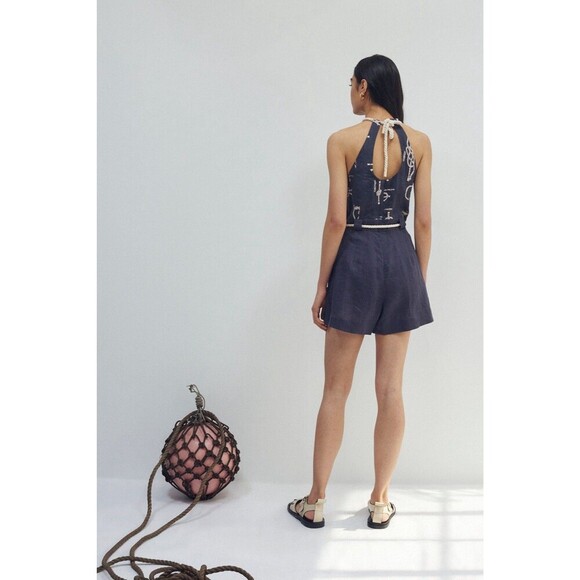 Alemais Sea Queen Scalloped Linen Playsuit Navy Nautical Halter AU 4 US 0 - Picture 2 of 14
